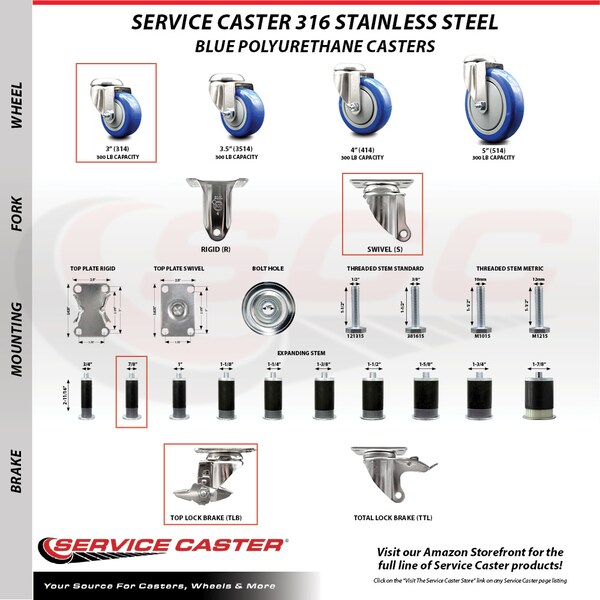 Service Caster 3 Inch 316SS Blue Poly Swivel 7/8 Inch Expanding Stem Caster Set Brake SCC SCC-SS316EX20S314-PPUB-BLUE-TLB-78-4 - main